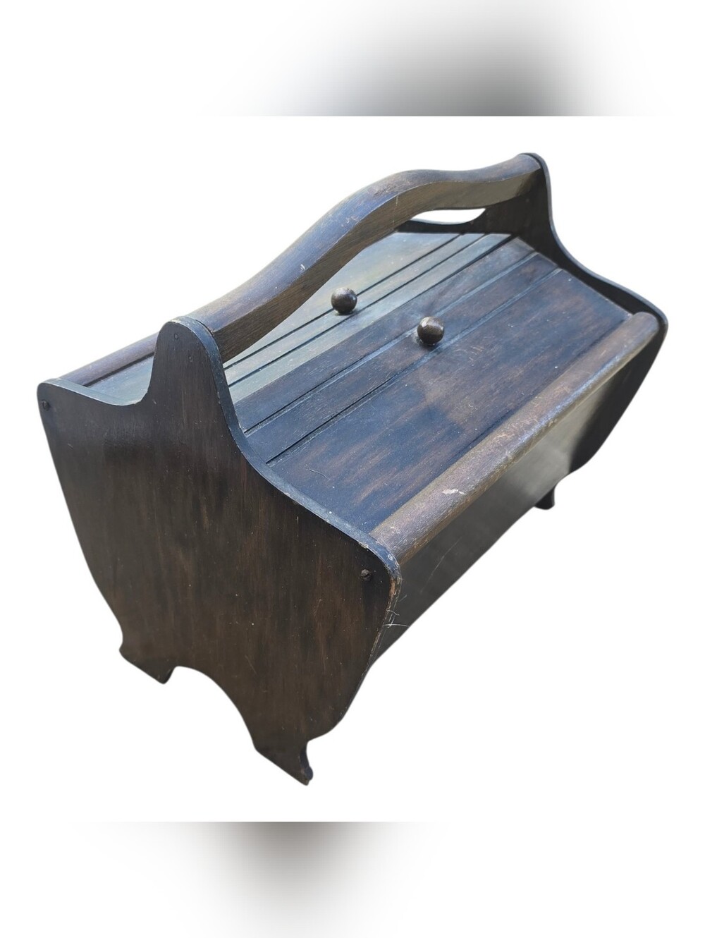 Vintage Wooden Caddy Box with Dual Slanted Hinged Lids & Carrying Handle - Picture 4 of 6